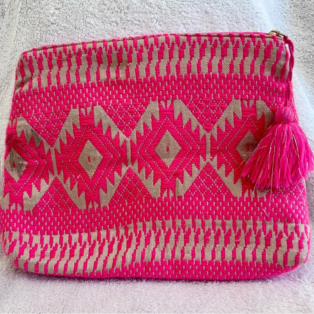 Boho Pink Woven Clutch Tassel | Foldover Tribal Geometric Pouch Bag